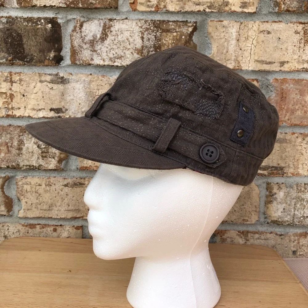 Mudd Vintage Cotton Green/Brown‎ Distressed Patches Floral Print Linen Cap OS